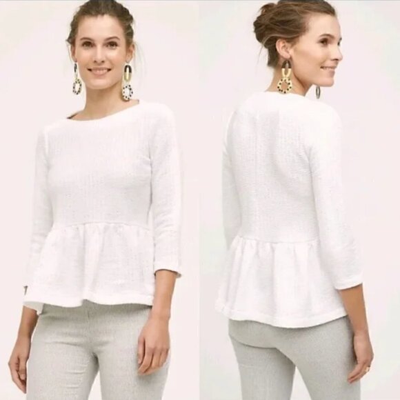 Anthropologie Tops - Anthropologie AMADI White Ruffled Textured Peplum 3/4 Sleeve Knit Top Size M